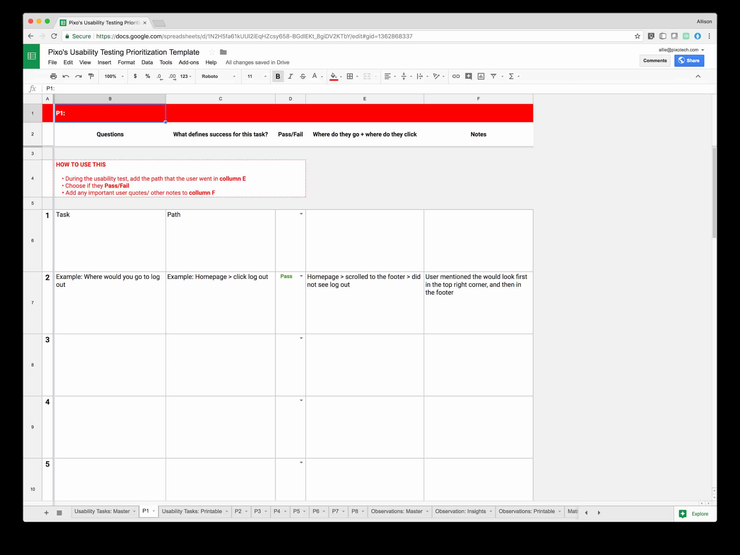 Pixo’s Usability Testing Template P1 notes