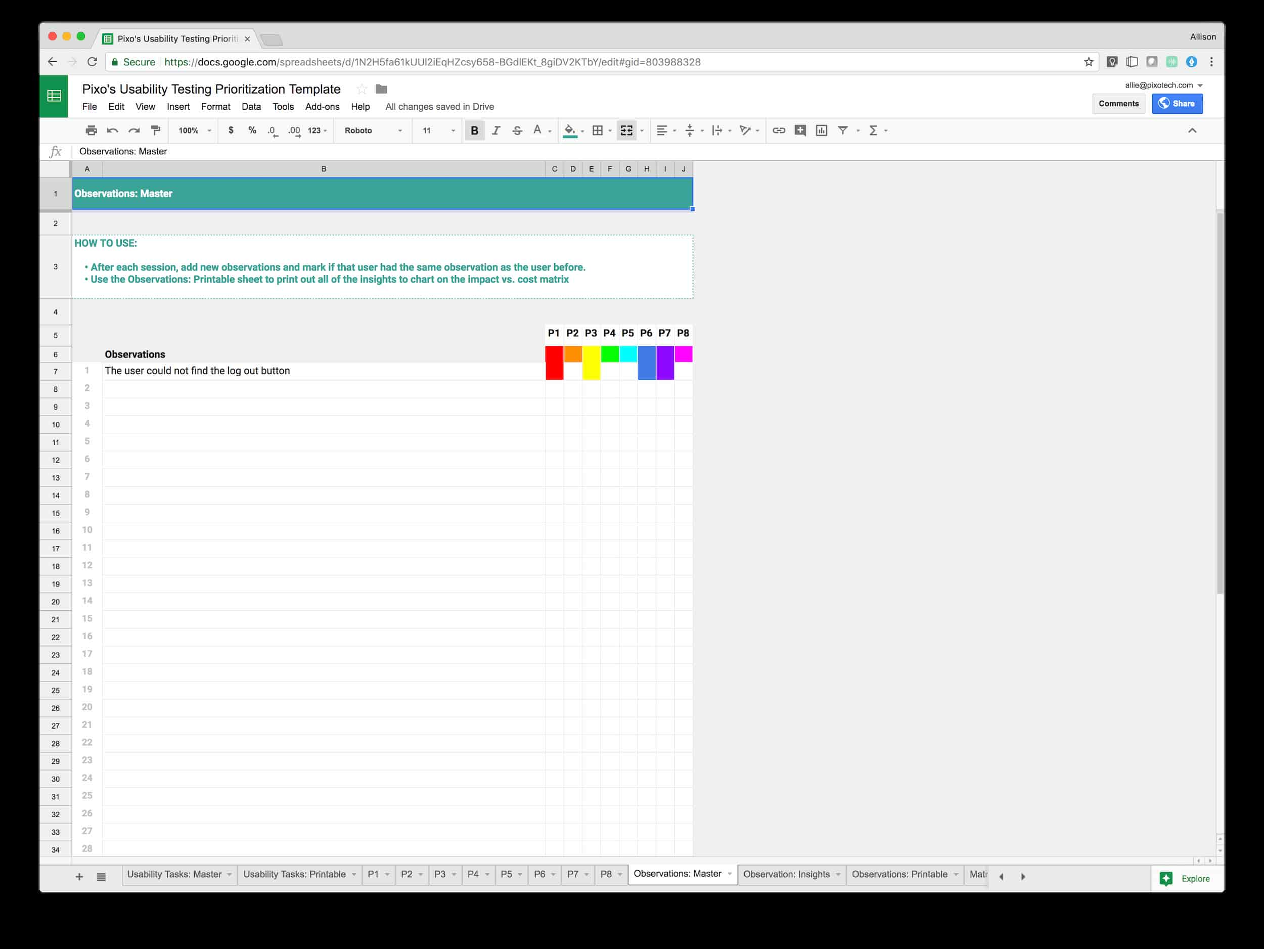 Pixo’s Usability Testing Template Observation Main