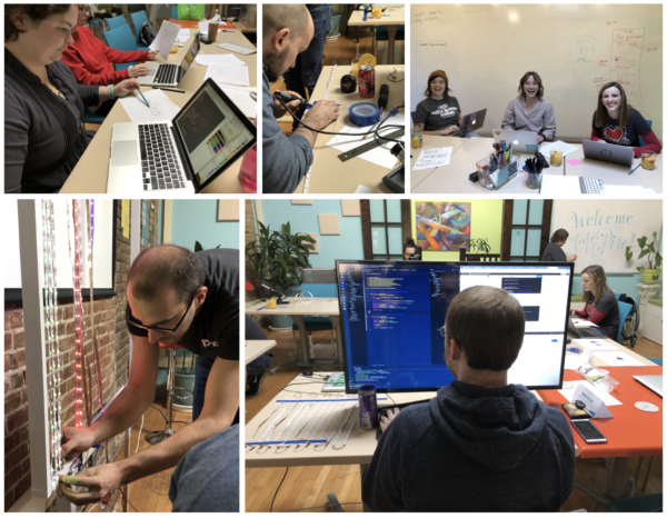 A collage of people in an office working on laptops and stringing LED lights on a frame.