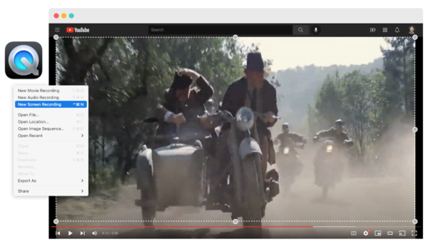 Screenshot of a YouTube video with Quicktime menu showing where to select New Screen Recording
