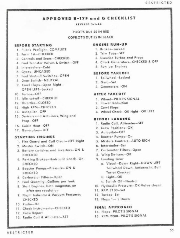 B-17 checklist of pilot's and copilot's duties